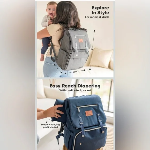 NWT..Gray Diaper Bag Backpack for Men and Women - Picture 3 of 9